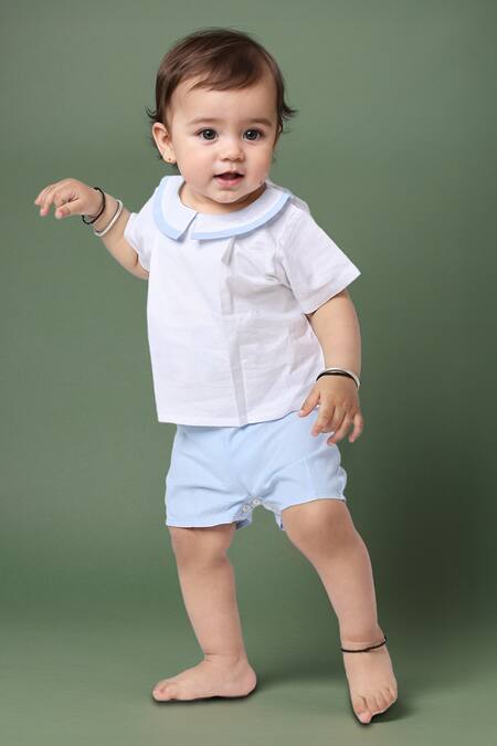Shop Petite Pomme White Linen, Cotton Boys Shirt And Shorts Set Shop_Petite Pomme_White Linen, Cotton Boys Shirt And Shorts Set