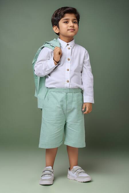 Shop_Petite Pomme_Green Linen Shirt And Shorts Set _Online_at_Aza_Fashions