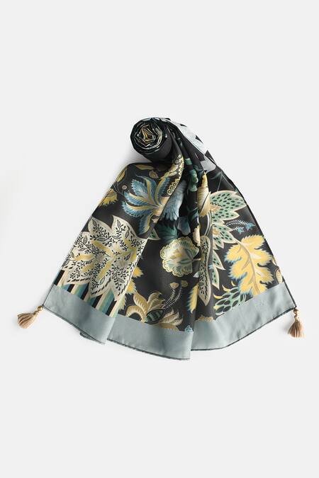 Shingora_Black Floral Printed Silk Stole _Online_at_Aza_Fashions