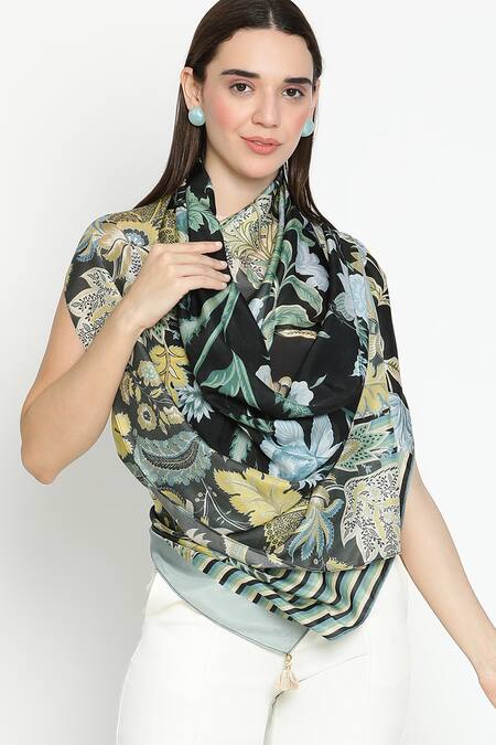 Shingora_Black Floral Printed Silk Stole _at_Aza_Fashions