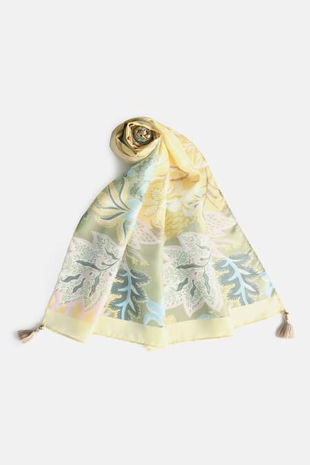 Shingora_Yellow Printed Silk Stole In And Green _Online_at_Aza_Fashions