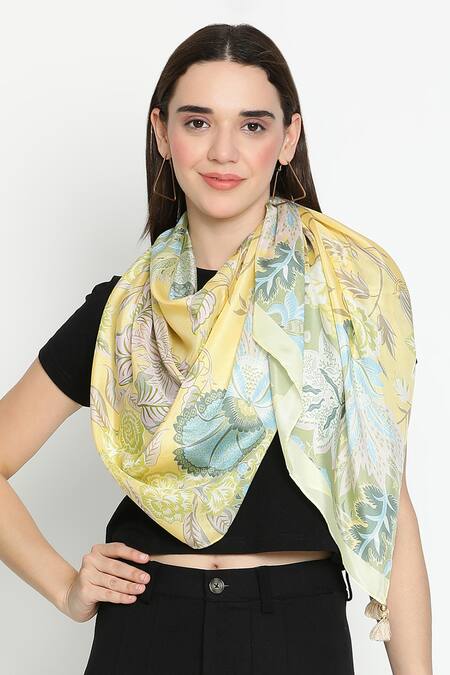 Shingora_Yellow Printed Silk Stole In And Green _at_Aza_Fashions