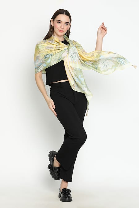 Shingora Printed Silk Stole in Yellow & Green 