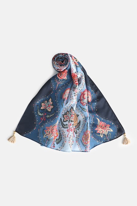 Buy_Shingora_Blue Printed Silk Stole With Tassels _Online_at_Aza_Fashions