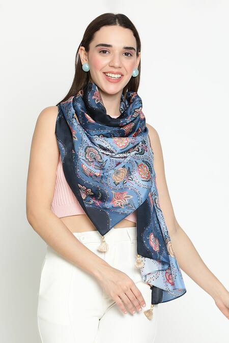 Shingora_Blue Printed Silk Stole With Tassels _at_Aza_Fashions