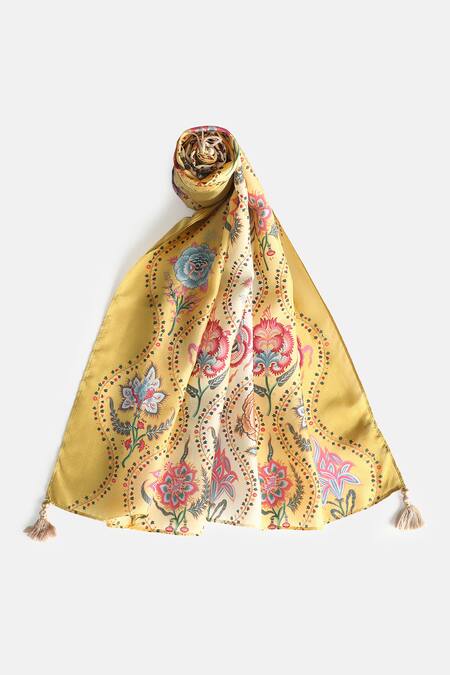 Shingora_Yellow Printed Silk Stole _Online_at_Aza_Fashions