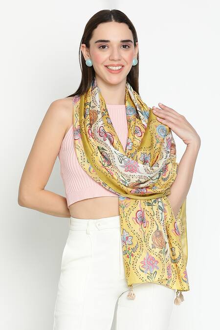 Buy_Shingora_Yellow Printed Silk Stole _Online_at_Aza_Fashions