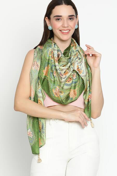 Shingora_Green Printed Silk Stole _Online_at_Aza_Fashions