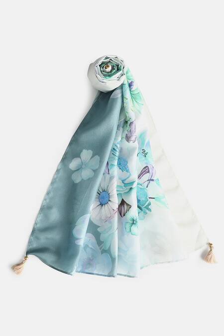 Shingora_Sky Blue Floral Printed Silk Stole_Online_at_Aza_Fashions