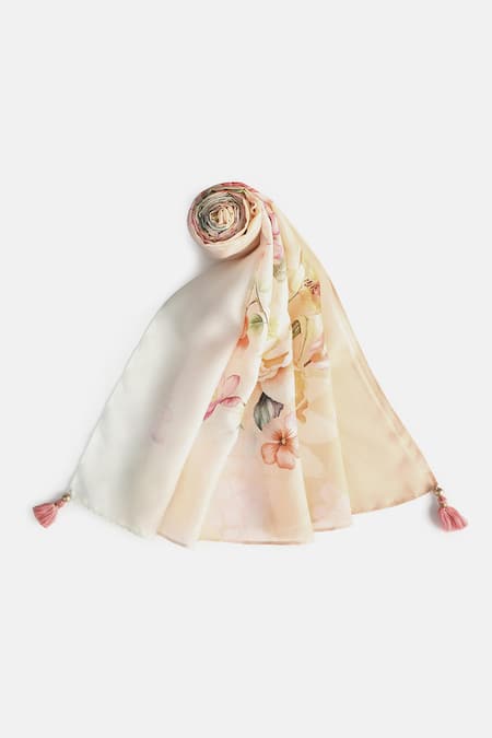 Shingora_Beige Floral Printed Silk Stole_Online_at_Aza_Fashions
