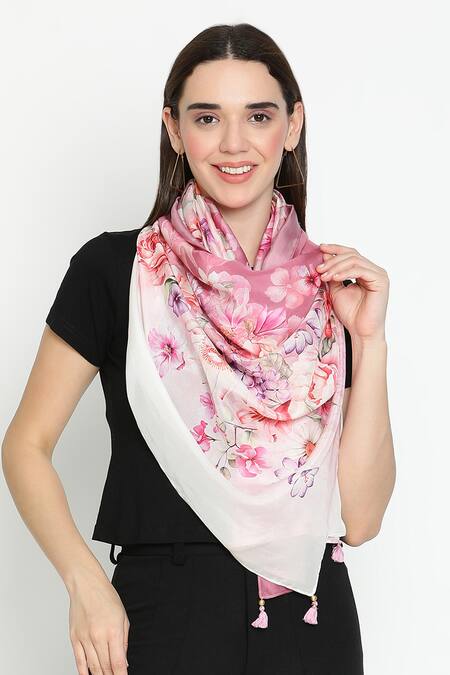 Shingora_Pink Floral Printed Silk Stole _Online_at_Aza_Fashions