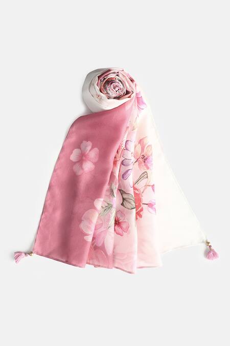 Shingora_Pink Floral Printed Silk Stole _at_Aza_Fashions