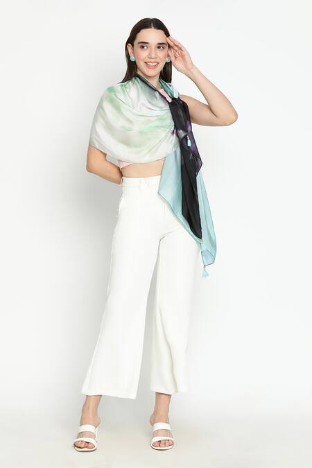 Shop Shingora Blue Printed Silk Stole With Tassels at Aza Fashions Shop_Shingora_Blue Printed Silk Stole With Tassels_at_Aza_Fashions