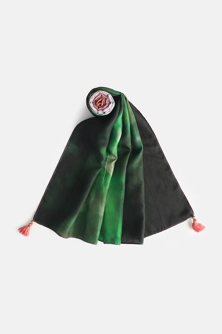 Shingora_Green Printed Silk Stole In And Rust _Online_at_Aza_Fashions