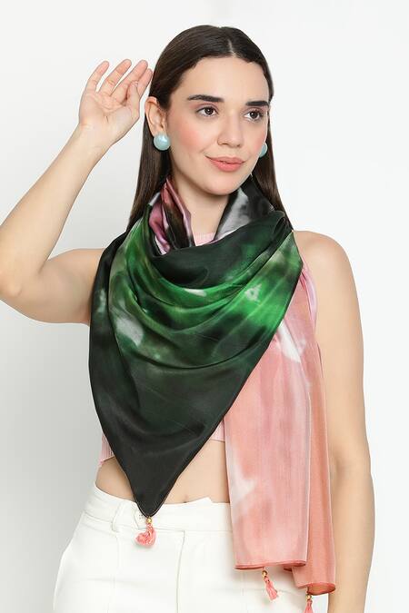 Shop_Shingora_Green Printed Silk Stole In And Rust _Online_at_Aza_Fashions