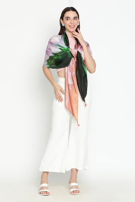 Shingora Printed Silk Stole in Green & Rust 