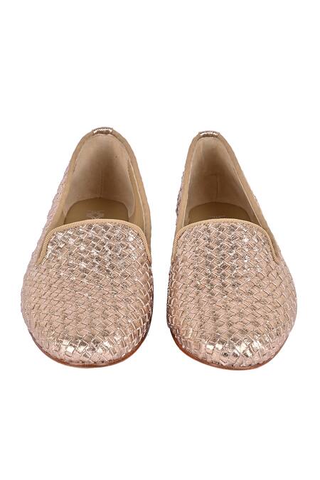Vanilla Moon_Rose Gold Designer Woven Flats_at_Aza_Fashions