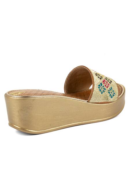 Buy_Vanilla Moon_Gold Embroidery Wedge Sandals_Online_at_Aza_Fashions