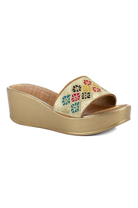 Shop_Vanilla Moon_Gold Embroidery Wedge Sandals_Online_at_Aza_Fashions