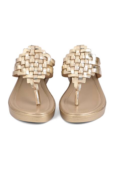 Shop_Vanilla Moon_Gold Designer Woven Wedge Sandals_at_Aza_Fashions