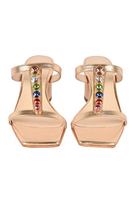 Shop Vanilla Moon Gold Crystals Designer Heels With Stone Embellishments at Aza Fashions Shop_Vanilla Moon_Gold Crystals Designer Heels With Stone Embellishments_at_Aza_Fashions