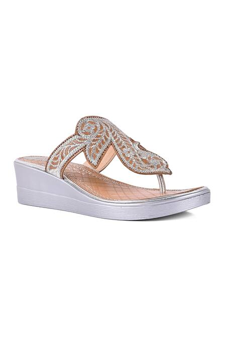 Shop_Vanilla Moon_Silver Embroidery Designer Wedge Sandals_Online_at_Aza_Fashions