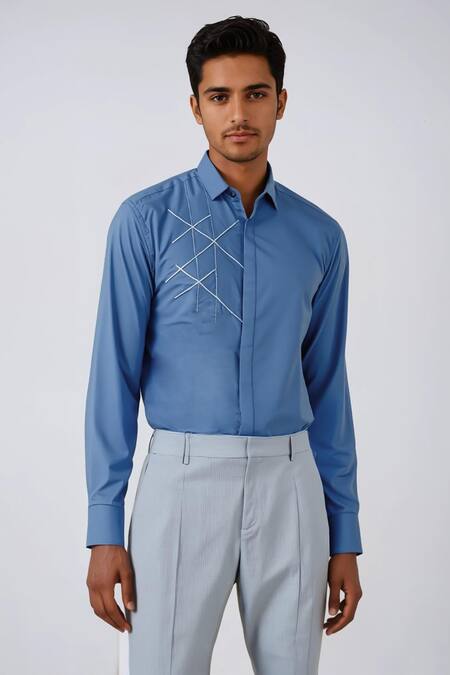 Shop_Hespoke_Blue Cotton, Lycra Embroidery Geometric Casual Shirt _Online_at_Aza_Fashions