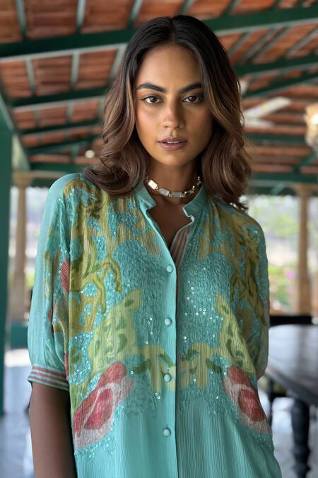 Buy_Basil Leaf_Aqua Chiffon, Linen, Silk Sequins, Embroidery Collared Printed Kurta Set _Online_at_Aza_Fashions