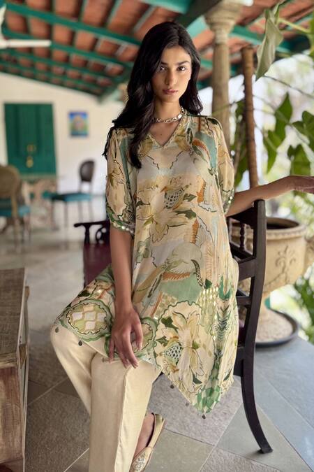 Buy_Basil Leaf_Beige Chiffon, Linen, Silk V-neck Printed Kurta Set _Online_at_Aza_Fashions