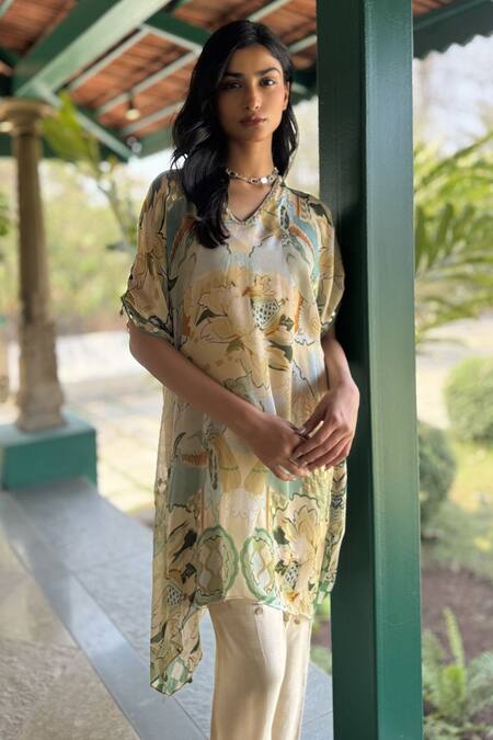 Shop_Basil Leaf_Beige Chiffon, Linen, Silk V-neck Printed Kurta Set _Online_at_Aza_Fashions
