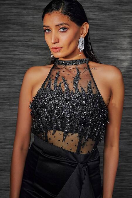 Mehak Murpana Black Satin Sequins, Beads Halter Neck Designer Gown Online at Aza Fashions Mehak Murpana_Black Satin Sequins, Beads Halter Neck Designer Gown _Online_at_Aza_Fashions
