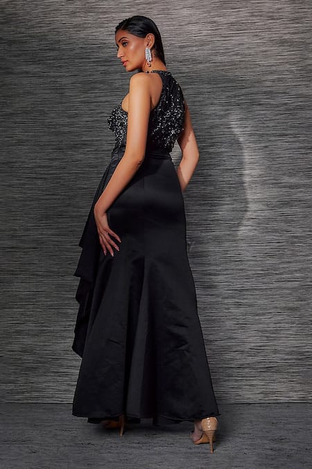 Shop Mehak Murpana Black Satin Sequins, Beads Halter Neck Designer Gown at Aza Fashions Shop_Mehak Murpana_Black Satin Sequins, Beads Halter Neck Designer Gown _at_Aza_Fashions