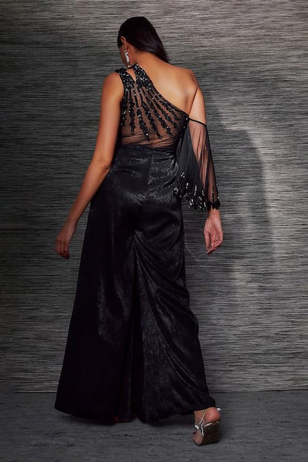 Shop Mehak Murpana Black Suede, Satin Beads One Shoulder Designer Jumpsuit at Aza Fashions Shop_Mehak Murpana_Black Suede, Satin Beads One Shoulder Designer Jumpsuit _at_Aza_Fashions