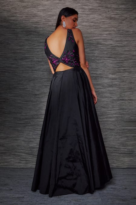 Shop Mehak Murpana Black Taffeta Embroidery Round Neck Designer Gown at Aza Fashions Shop_Mehak Murpana_Black Taffeta Embroidery Round Neck Designer Gown _at_Aza_Fashions