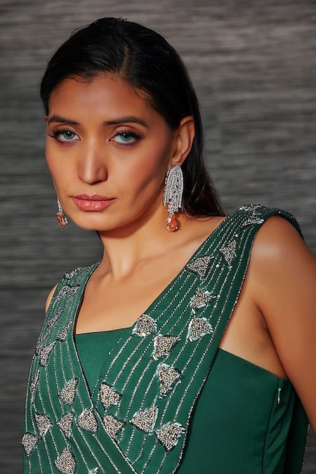 Mehak Murpana Green Cotton Beads, Sequins V-neck Embellished Designer Jumpsuit Online at Aza Fashions Mehak Murpana_Green Cotton Beads, Sequins V-neck Embellished Designer Jumpsuit _Online_at_Aza_Fashions