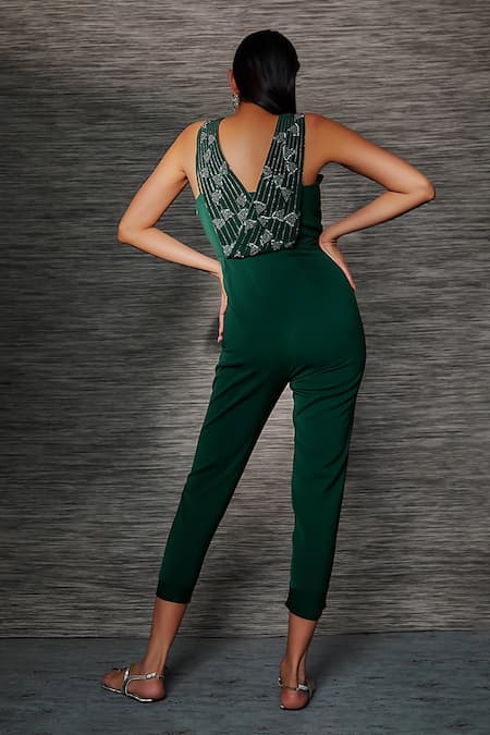 Shop Mehak Murpana Green Cotton Beads, Sequins V-neck Embellished Designer Jumpsuit at Aza Fashions Shop_Mehak Murpana_Green Cotton Beads, Sequins V-neck Embellished Designer Jumpsuit _at_Aza_Fashions