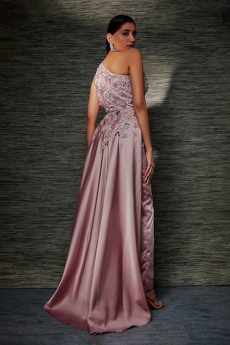 Shop Mehak Murpana Pink Satin Beads Asymmetric Embroidered One-shoulder Gown at Aza Fashions Shop_Mehak Murpana_Pink Satin Beads Asymmetric Embroidered One-shoulder Gown _at_Aza_Fashions