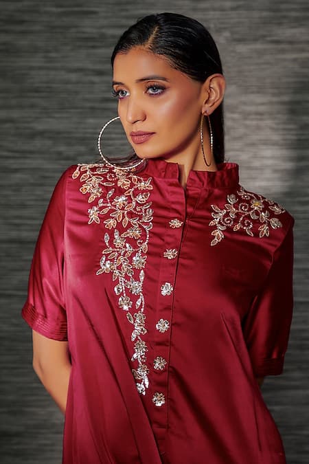 Mehak Murpana Red Satin Embroidery Mandarin Collar Milano Jumpsuit Online at Aza Fashions Mehak Murpana_Red Satin Embroidery Mandarin Collar Milano Jumpsuit _Online_at_Aza_Fashions
