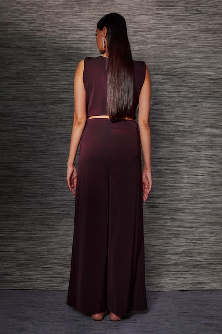 Shop Mehak Murpana Maroon Round Neck Crop Top And Flared Pant Set at Aza Fashions Shop_Mehak Murpana_Maroon Round Neck Crop Top And Flared Pant Set _at_Aza_Fashions