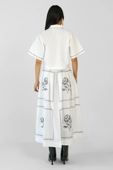 Shop Merakus White Cotton Embroidery Collared Cross Stitch Skirt Set at Aza Fashions Shop_Merakus_White Cotton Embroidery Collared Cross Stitch Skirt Set _at_Aza_Fashions