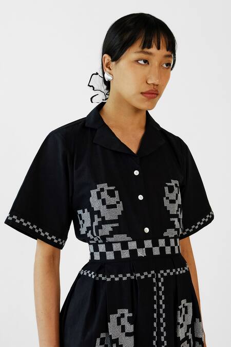 Merakus_Black Cotton Embroidery Collared Cross Stitch Skirt Top Set _Online_at_Aza_Fashions