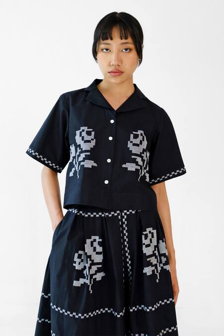 Buy_Merakus_Black Cotton Embroidery Collared Cross Stitch Skirt Top Set _Online_at_Aza_Fashions