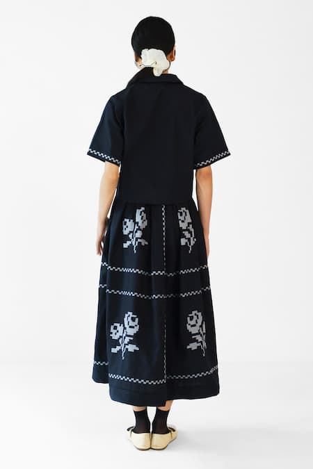 Merakus Black Cross Stitch Embroidery Skirt Top Set 