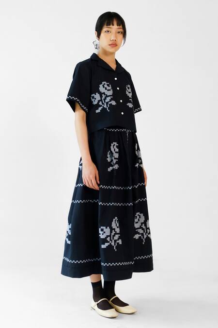 Shop_Merakus_Black Cotton Embroidery Collared Cross Stitch Skirt Top Set _Online_at_Aza_Fashions