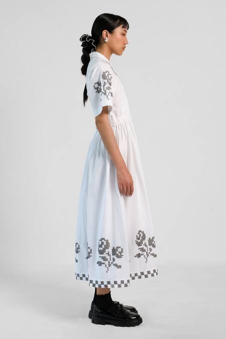 Merakus_White Cotton Embroidery V-neck Cross Stitch Dress _Online_at_Aza_Fashions
