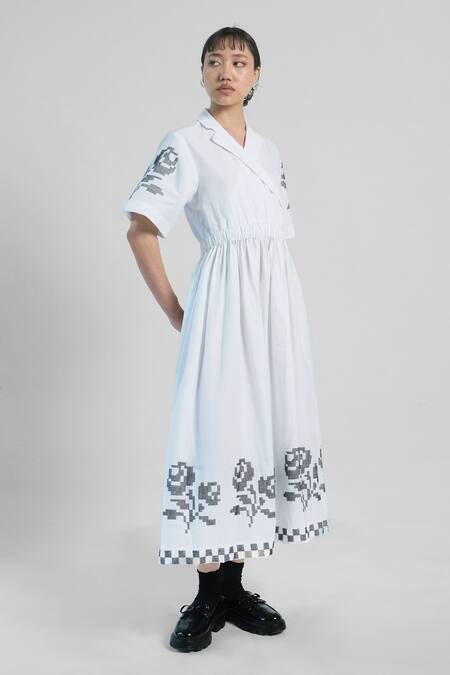 Buy_Merakus_White Cotton Embroidery V-neck Cross Stitch Dress _Online_at_Aza_Fashions