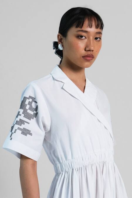 Shop_Merakus_White Cotton Embroidery V-neck Cross Stitch Dress _Online_at_Aza_Fashions