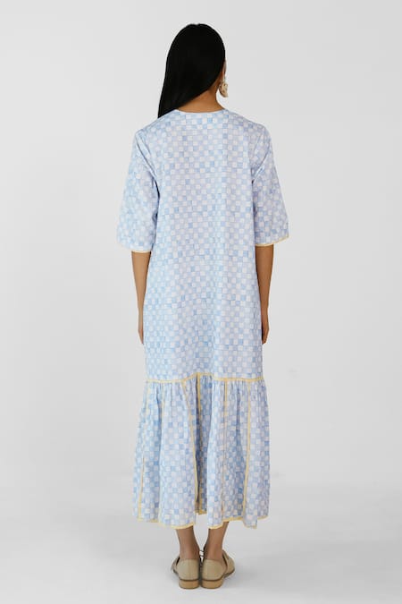 Merakus Blue Checks Applique Cotton Midi Dress 