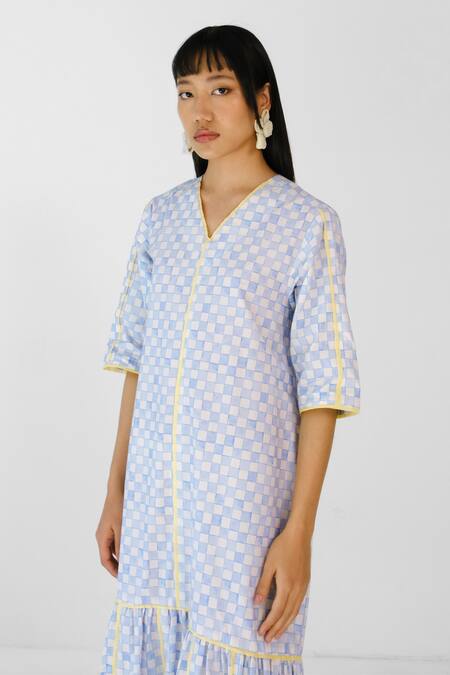 Buy_Merakus_Blue Cotton V-neck Checks Applique Midi Dress _Online_at_Aza_Fashions
