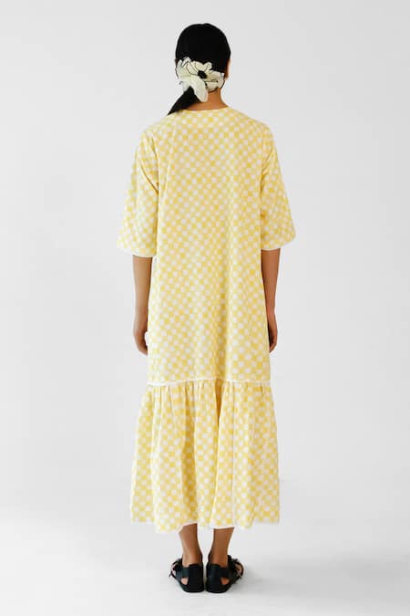 Merakus Yellow Checks Applique Cotton Dress 